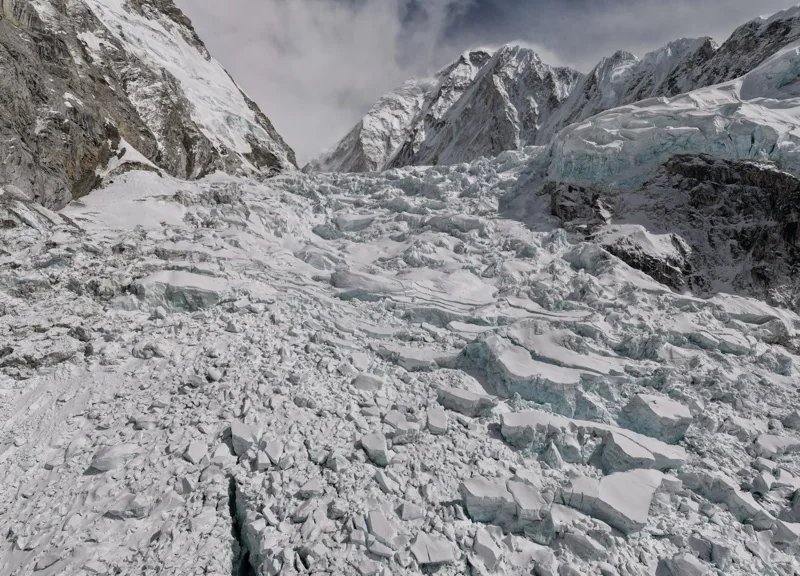 The Khumbu Icefall from above — a field of ice blocks under the Western Cwm